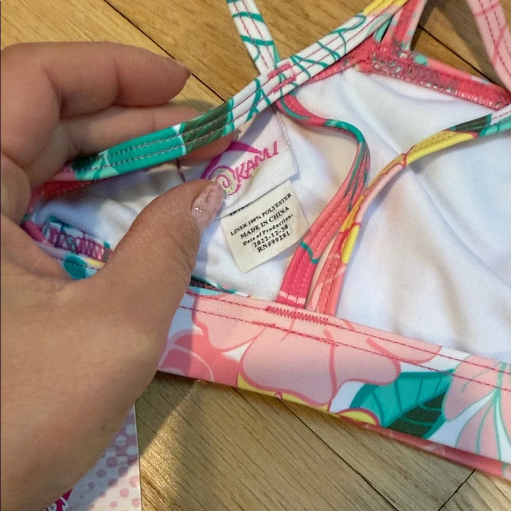 Kanu Surf Two Piece Kids Pink Floral Racerback Bikini with Pink, Teal & Yellow